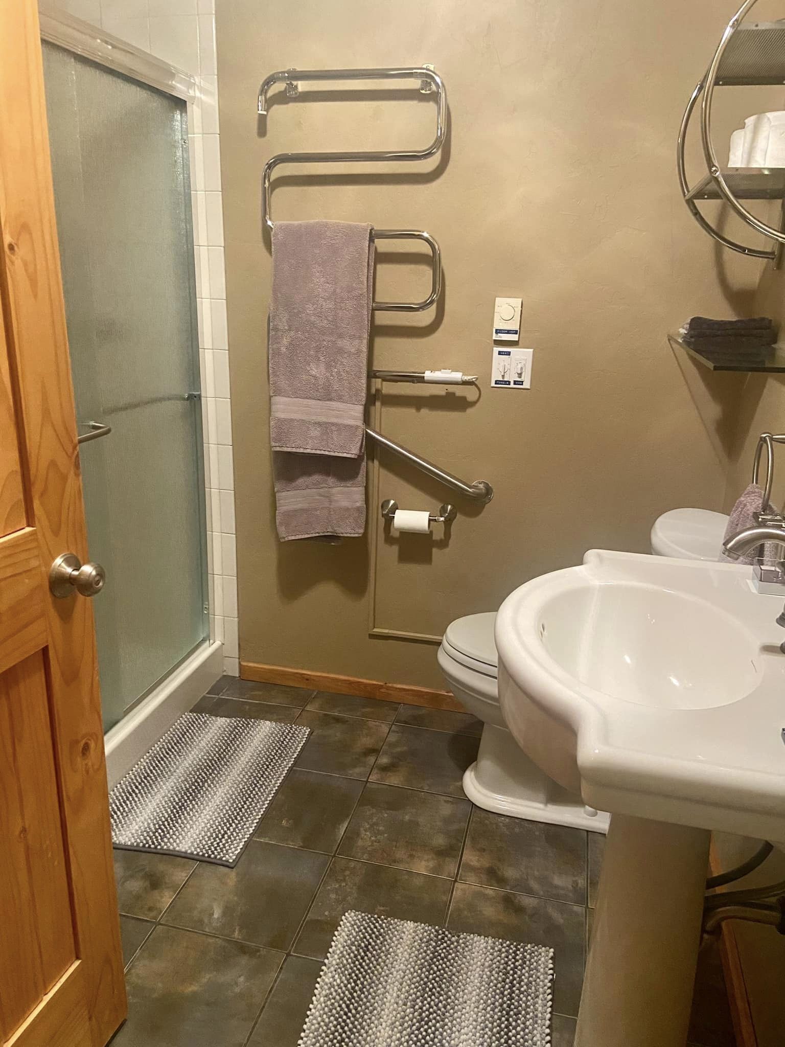 Une salle de bain équipée d’une douche, de toilettes et d’un lavabo. On y trouve des barres d’appui, un porte-serviettes et un tapis au sol.