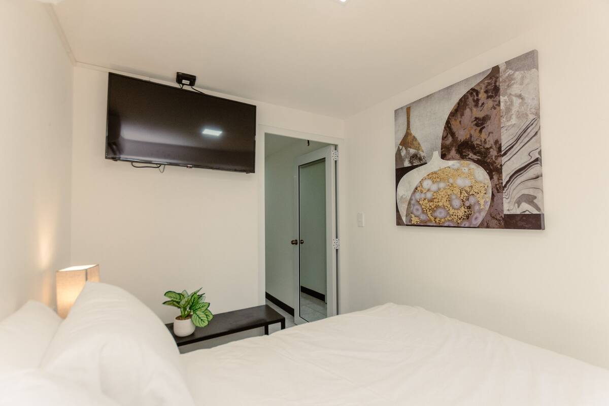 Une chambre d’hôtel avec un lit, un téléviseur fixé au mur, une plante en pot et un tableau.