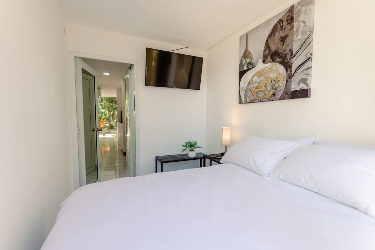 Une chambre d’hôtel avec un lit, un téléviseur fixé au mur, un tableau, une table de chevet avec une lampe et une plante en pot.