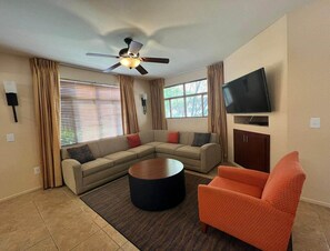 Smart TV, fireplace, video games, DVD player