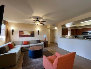 Smart TV, fireplace, video games, DVD player