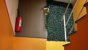 Una escalera con un extintor, una planta en maceta y una pared verde con textura.