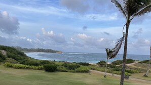 A coastal view from a balcony with a grassy area, palm trees, and a beach in the background. - OCEANFRONT RESORT, cascading ponds, daily fresh towel exchanges, hiking path (Koloa)