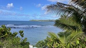 A beach view with a chair and palm trees. - OCEANFRONT RESORT, cascading ponds, daily fresh towel exchanges, hiking path (Koloa)