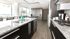 A modern kitchen with granite countertops, stainless steel appliances, and a large window providing natural light. - Waterfalls Hotel in Downtown With Stunning Views! (Victoria)