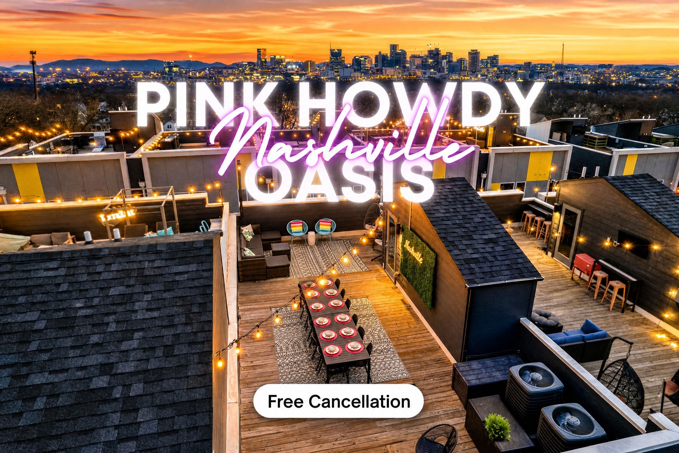 Rooftop lounge with dining table, string lights, and city views becomes the natural gathering spot for your group to take in the evening before heading out