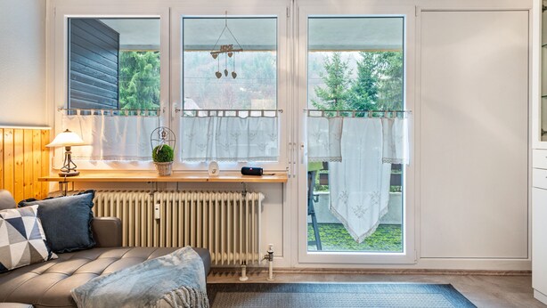 A cozy room with a sofa, a small table with a lamp, a radiator, and a view of greenery outside.