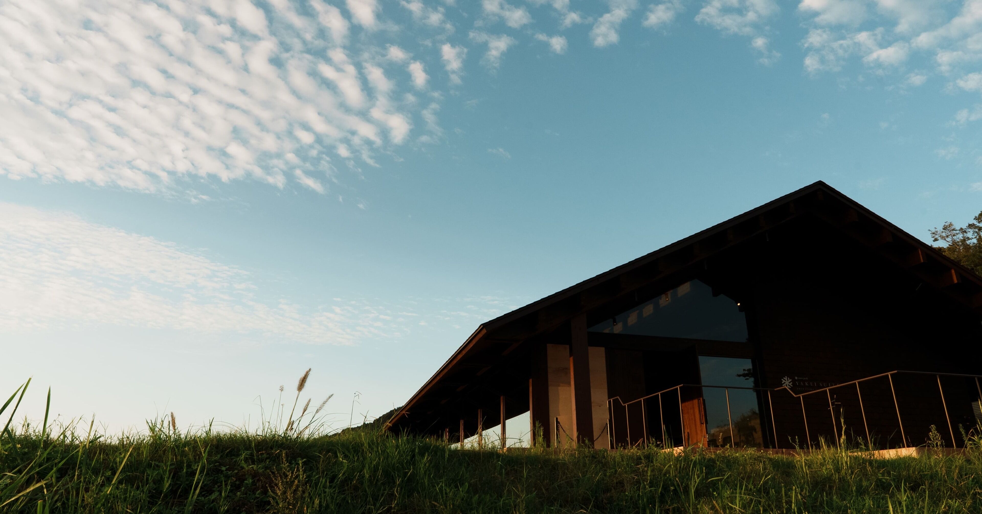 A modern building with a sloped roof, large windows, and a grassy foreground.