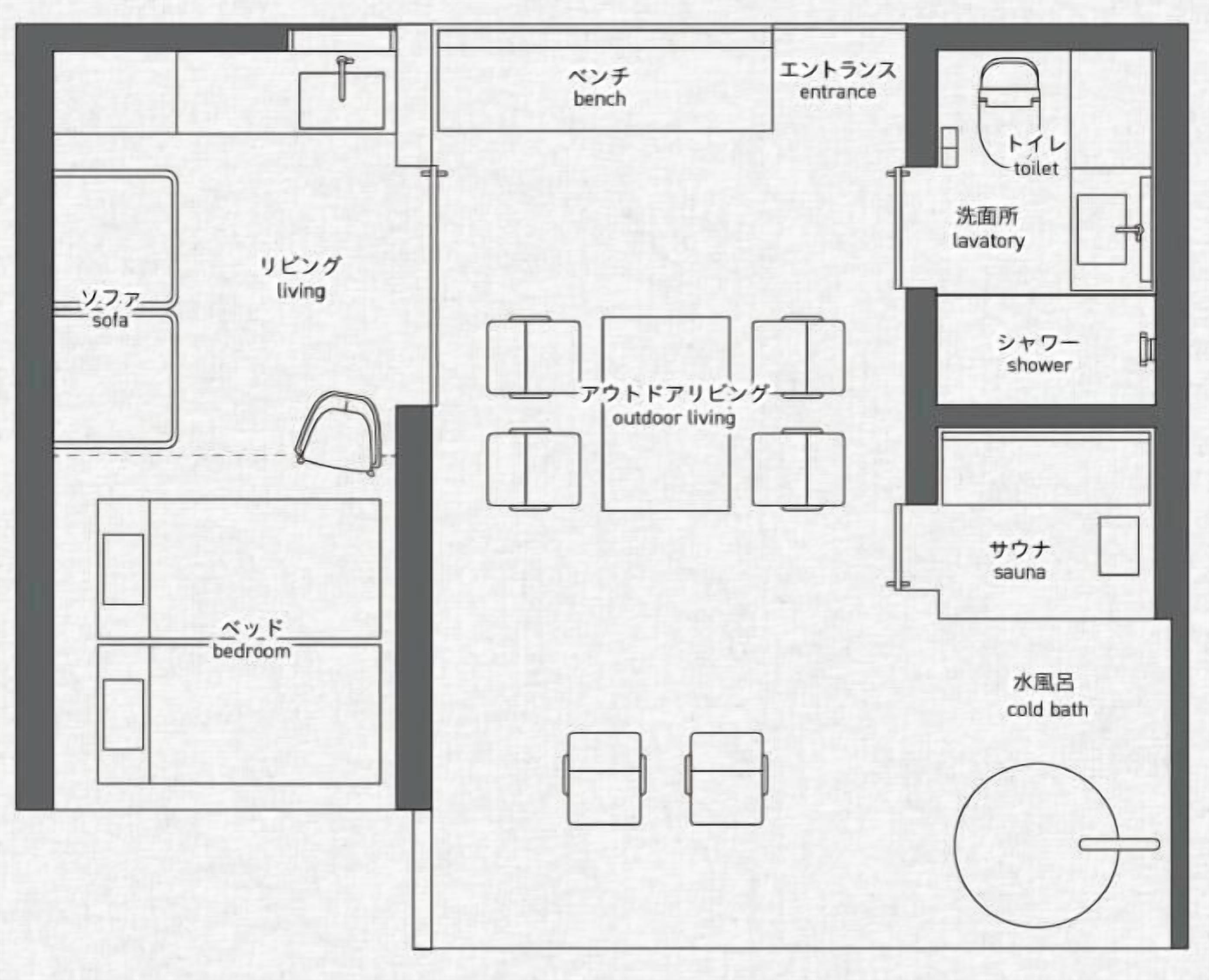Distribución de un hotel con sala de estar, dormitorio, zona exterior, baño y sauna.
