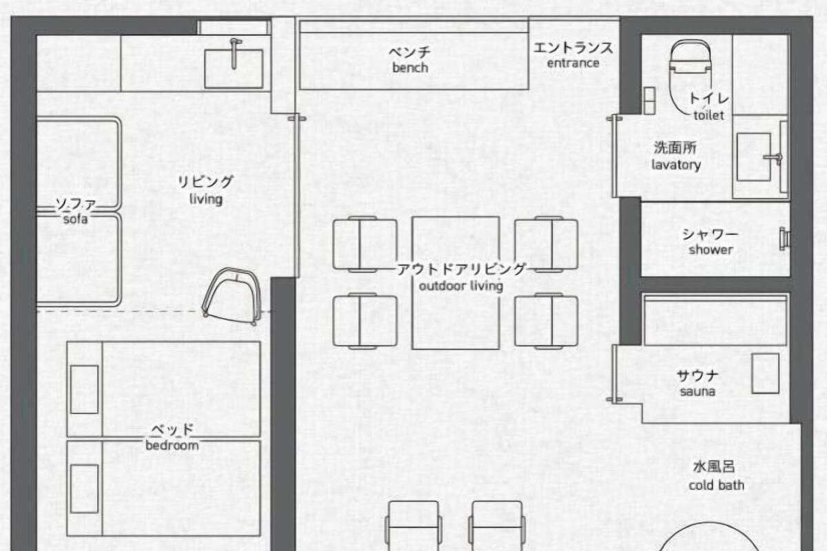 Hotellihuoneen pohjaratkaisu, jossa on olohuone, makuuhuone, ulkotila oleskelua varten, kylpyhuone ja sauna.