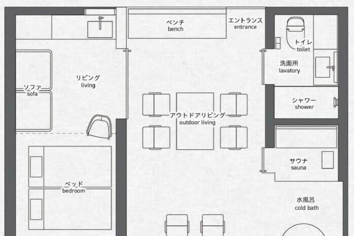 A hotel layout with a living room, bedroom, outdoor living area, bathroom, and sauna.