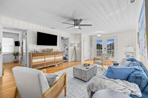 Smart TV, fireplace, books