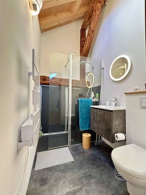 Douche, sĂšche-cheveux, serviettes fournies, savon