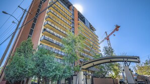 A multi-story building with a brick facade and yellow accents, featuring a large tree in front.