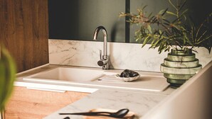 A kitchen with a marble countertop, a modern faucet, a gas stove, and a potted plant. - luxury chalet on a cosy campsite near the sea (Westerland)