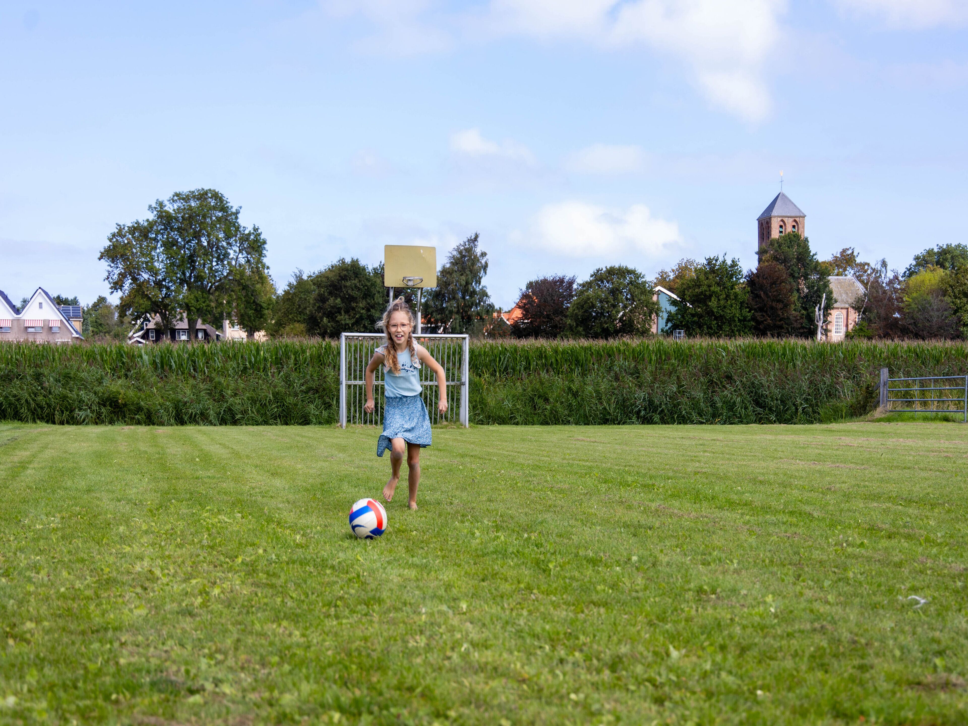 A grassy field with a goalpost and a child playing with a ball.