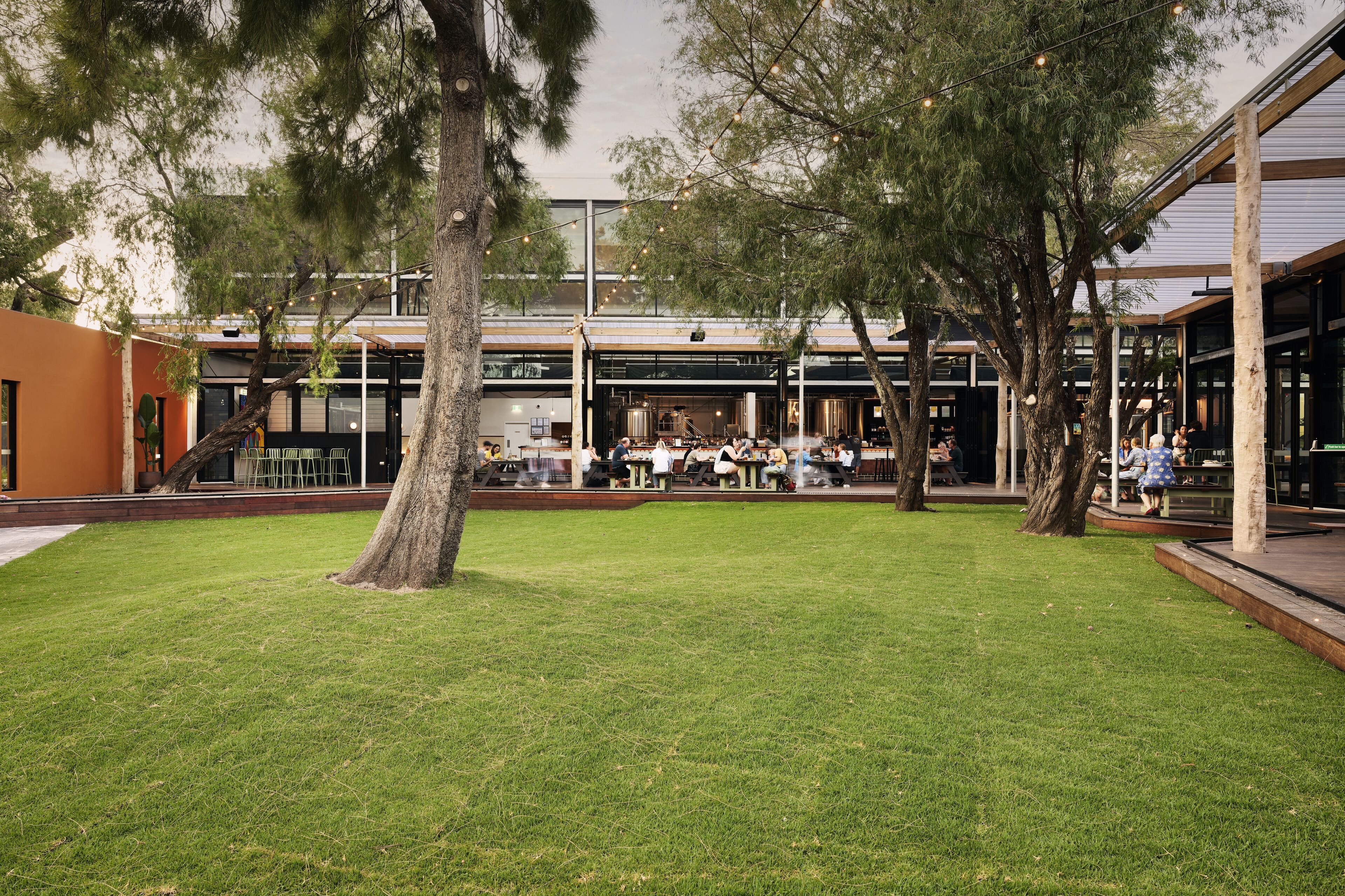 A courtyard with outdoor seating, trees, and a modern building with large windows.