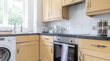 Full-sized fridge, microwave, oven, stovetop