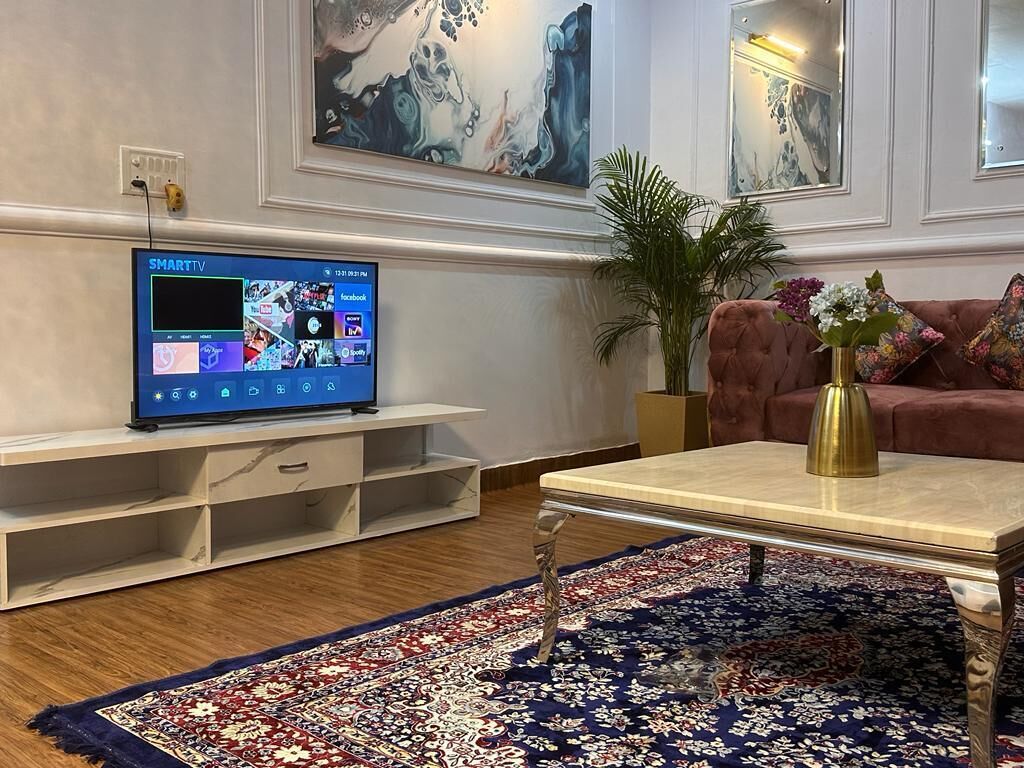 A modern living room with a flat-screen TV, a coffee table, a patterned rug, a sofa, and a plant.