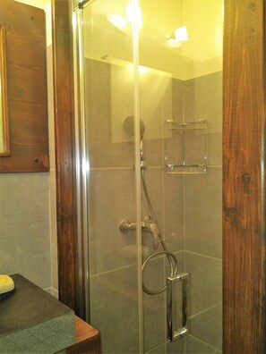 A glass-enclosed shower with a handheld showerhead, a wall-mounted towel rack, and a wooden door frame.