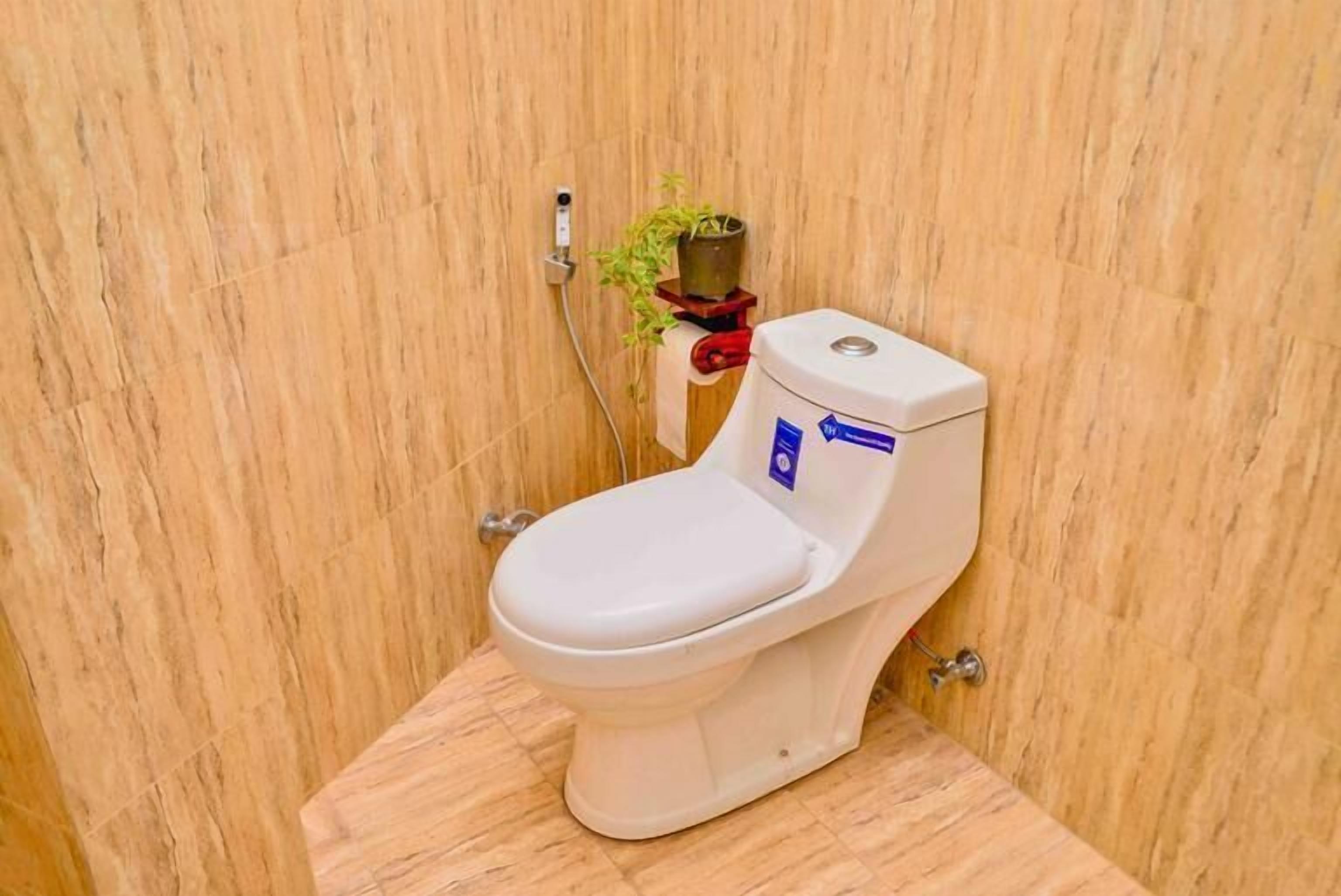 A white toilet with a blue sticker on the tank, a plant on a red stand, and a wooden wall.