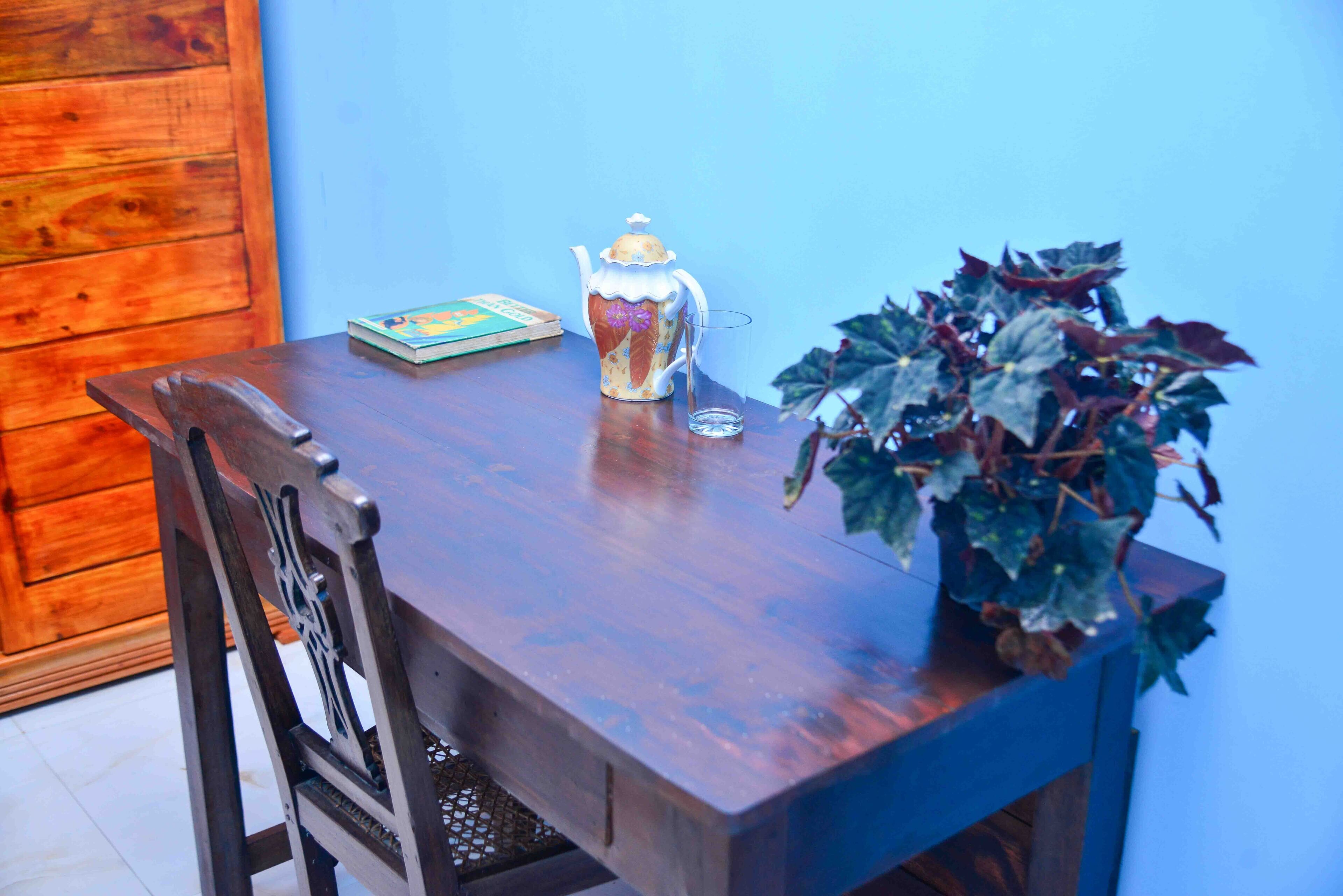 A wooden table with a decorative teapot and a glass, a book, and a potted plant.