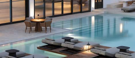 Indoor pool, seasonal outdoor pool, pool umbrellas, sun loungers