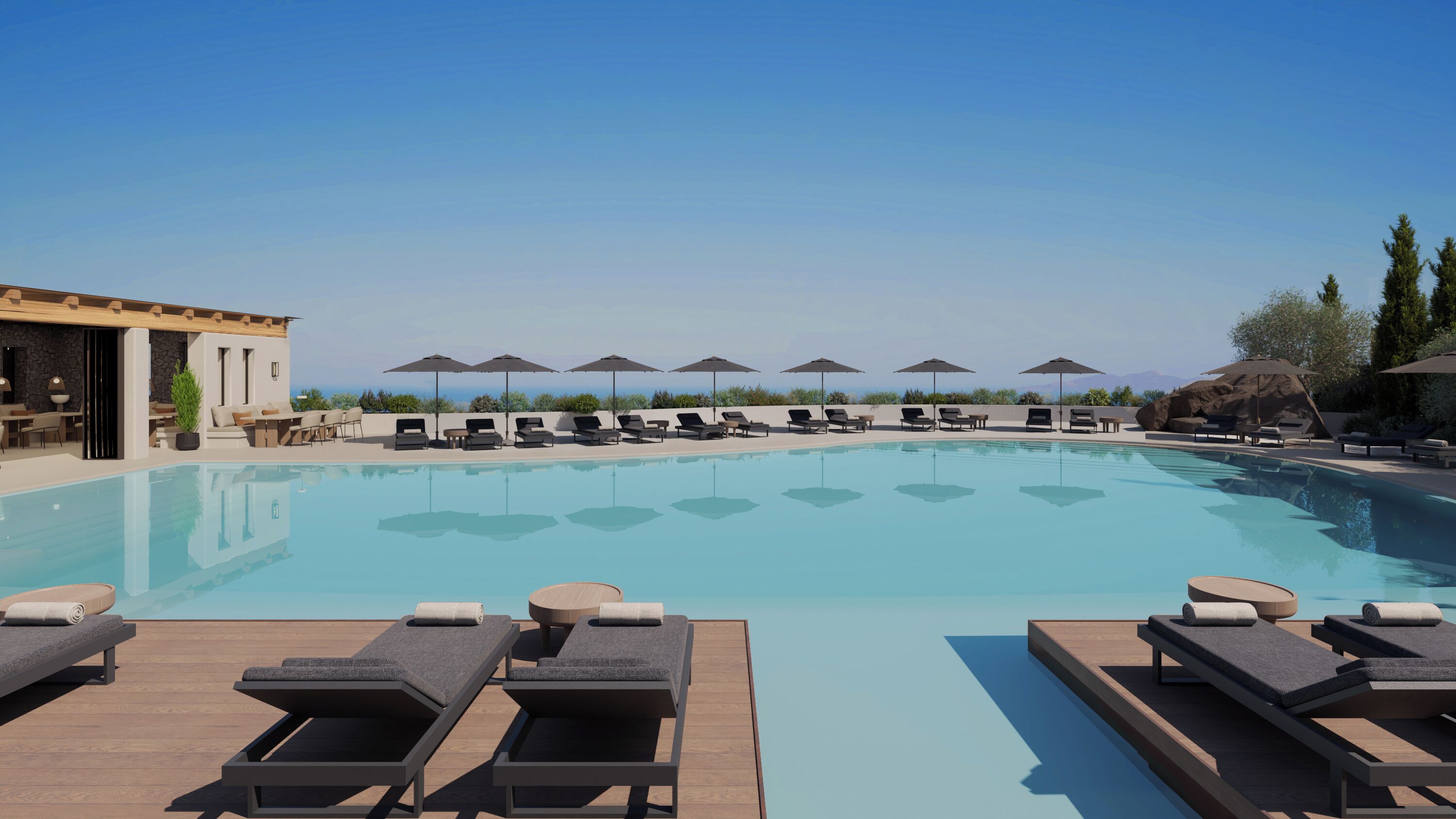 Indoor pool, seasonal outdoor pool, pool umbrellas, pool loungers