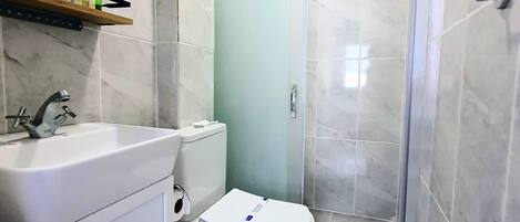 Ein Badezimmer mit weißem Waschbecken, Toilette und Duschkabine aus Glas.