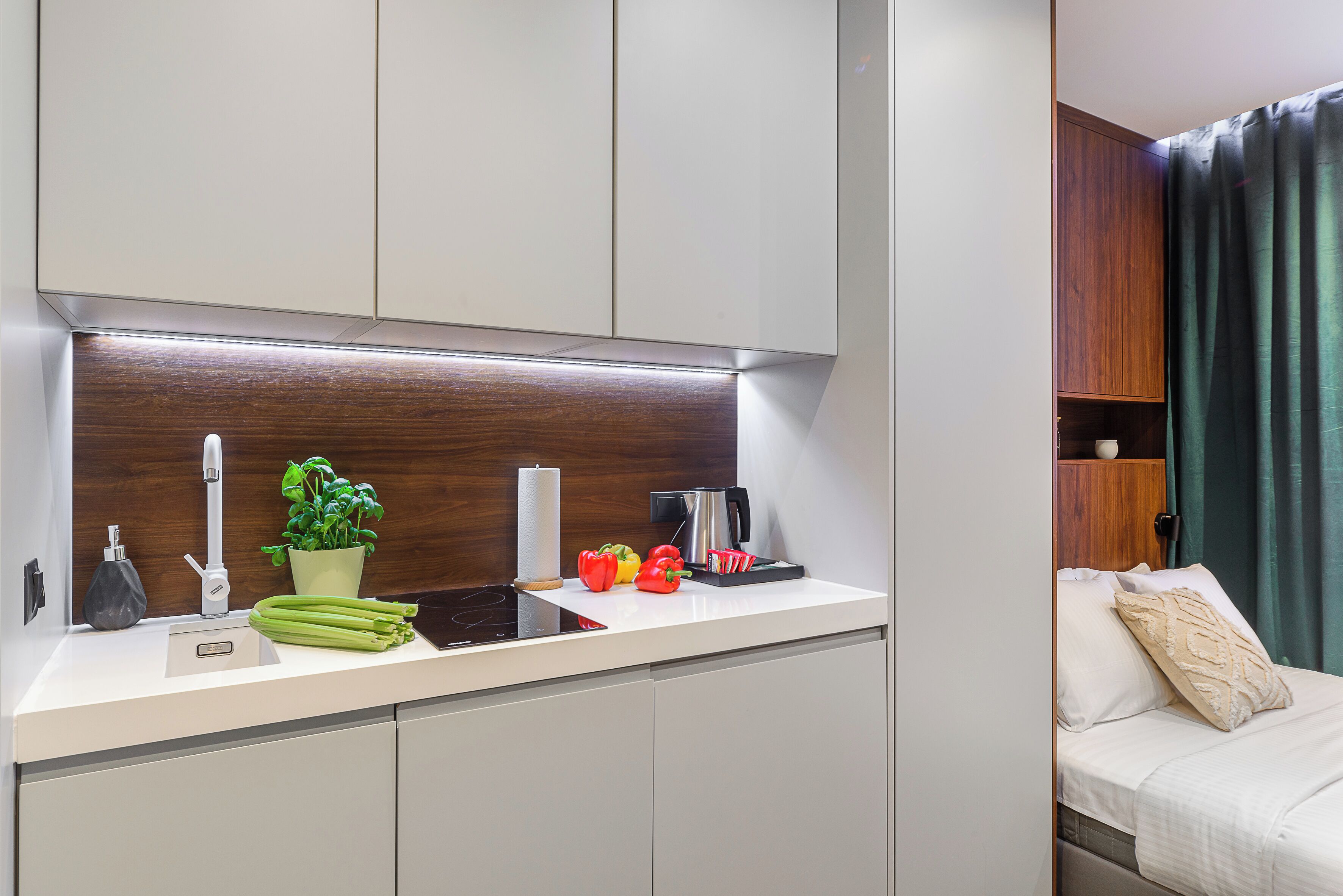 Een moderne keuken met een inbouwfornuis, een spoelbak en een aanrecht met een plant en groenten.