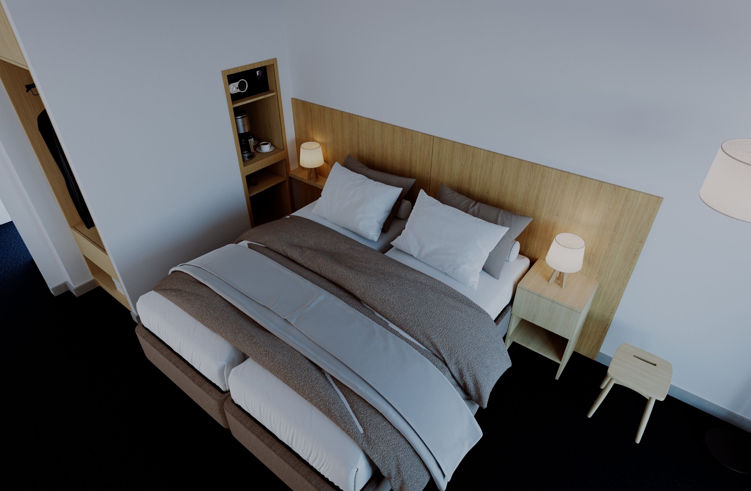 Hypo-allergenic bedding, down comforters, in-room safe, desk