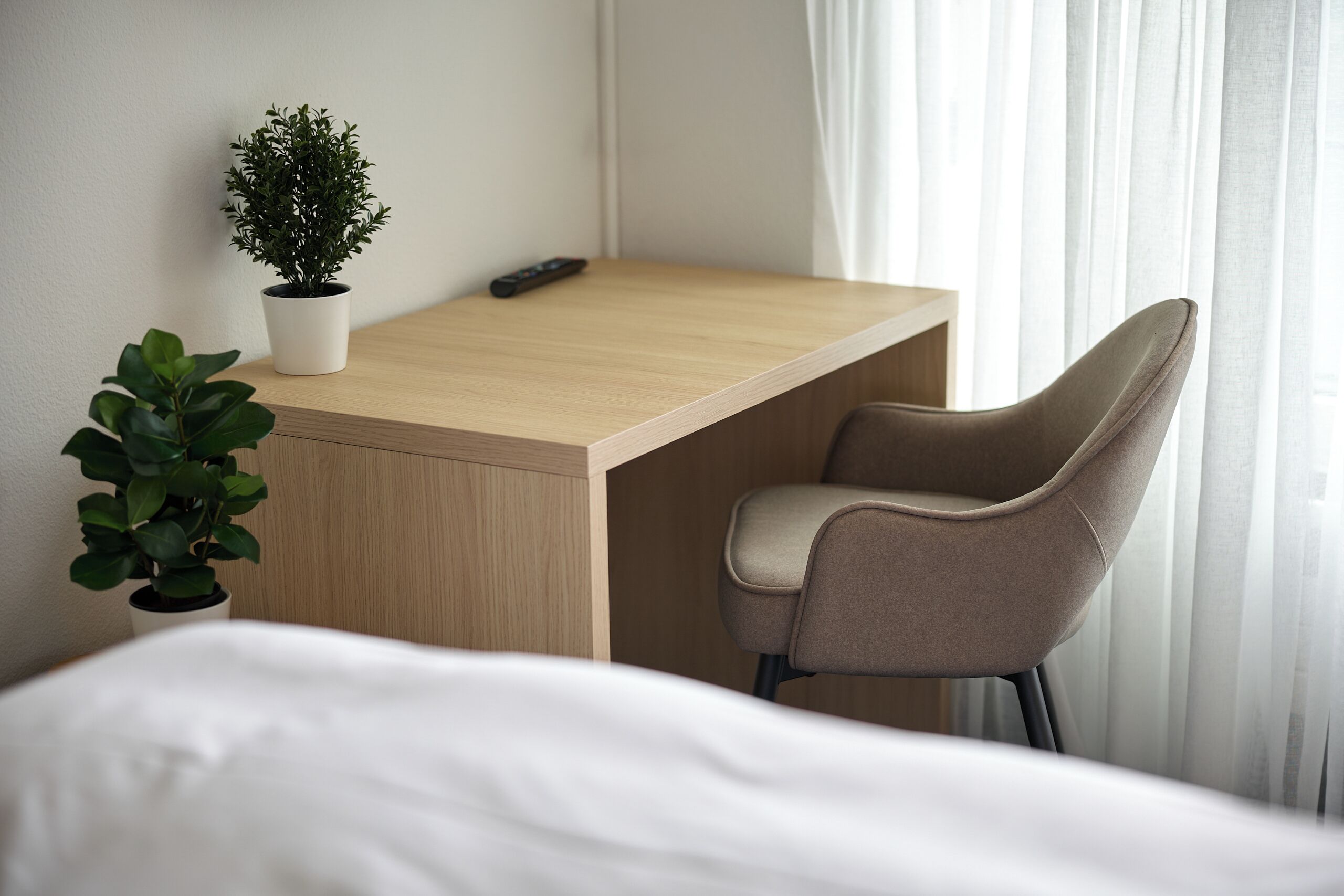 Habitación de hotel ordenada con un escritorio de madera, una silla, una planta en maceta y una cama.