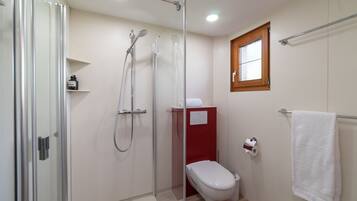 Shower, hair dryer, towels, toilet paper