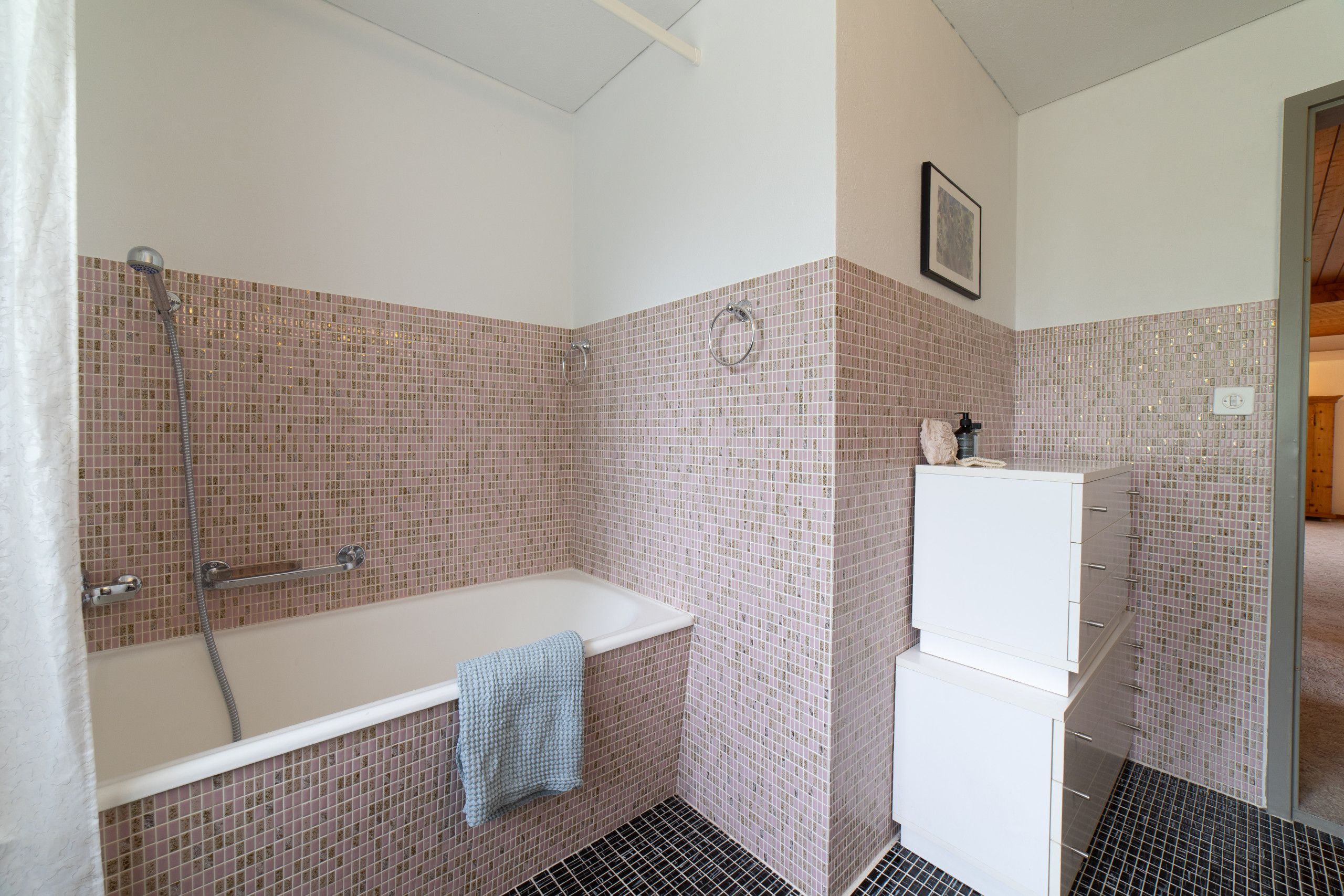 Une salle de bain avec une baignoire, une douche et des toilettes.