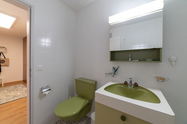 A small bathroom with a toilet, sink, and mirror. There is a towel rack and a shelf with toiletries. - Panorama Blick 2.5-room holiday apartment with mountain view (Unterwasser)