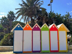 A row of colorful beach huts with white doors and a palm tree in the background.
