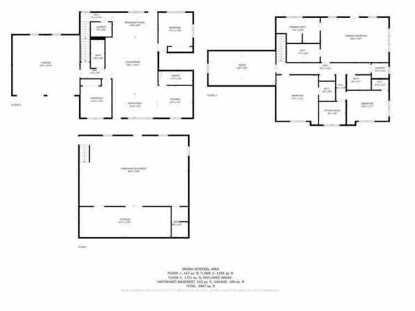 Plano de planta de un edificio con varias habitaciones, incluyendo dormitorios, baños y una cocina.
