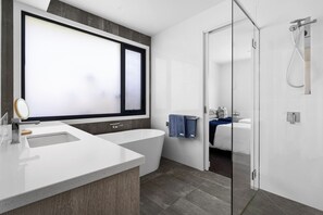 Shower, hair dryer, towels
