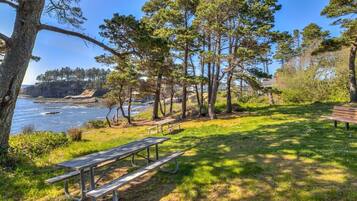 A picnic area with benches and a picnic table by a coastal landscape with trees and cliffs.