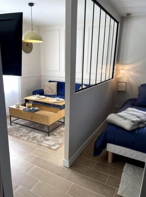1 bedroom, desk, iron/ironing board, travel cot