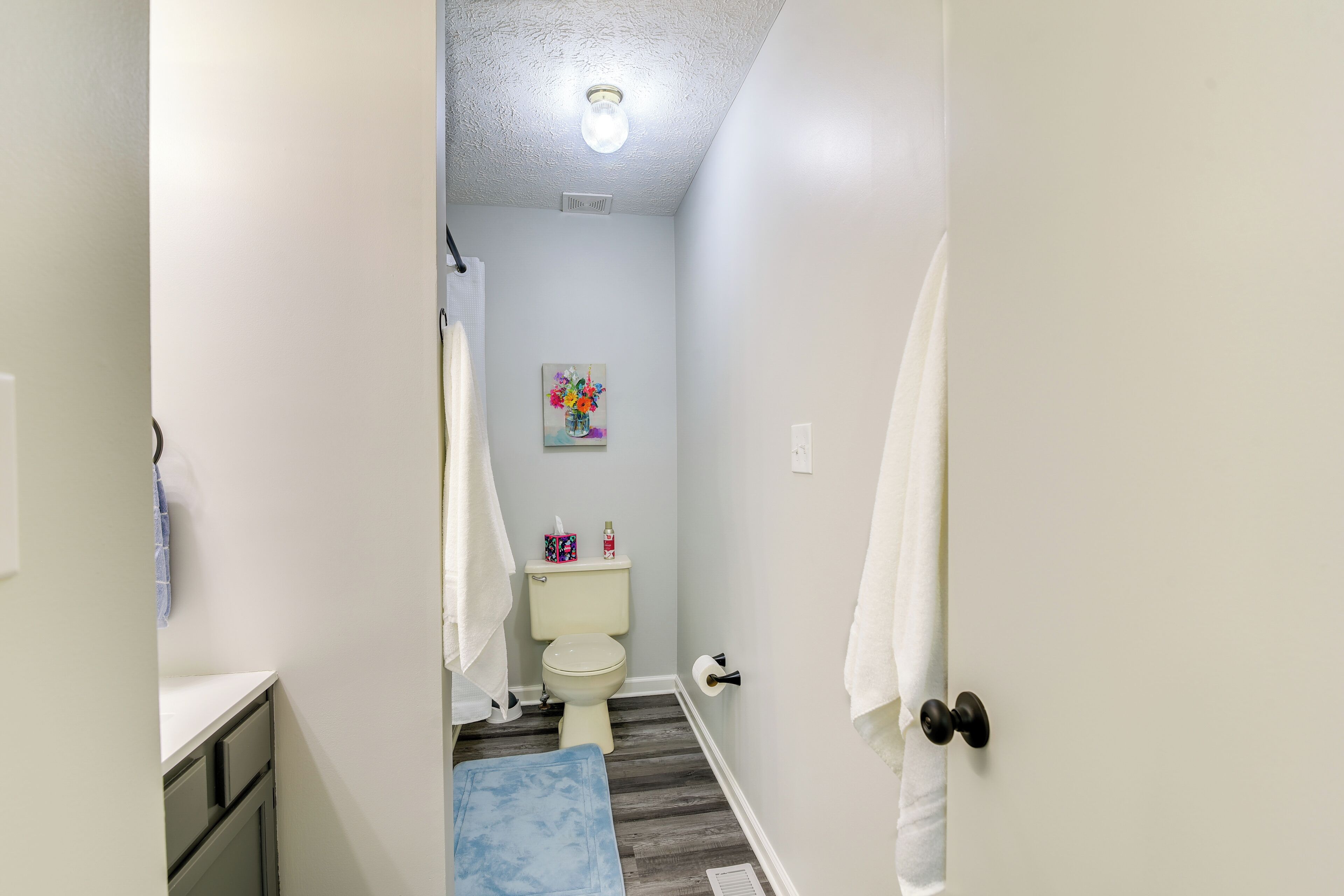 Une petite salle de bain comprenant des toilettes, une petite étagère avec des articles de toilette et un porte-serviettes.