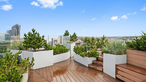 Terraço no telhado com piso de madeira, vasos brancos com vegetação e vista para a cidade.