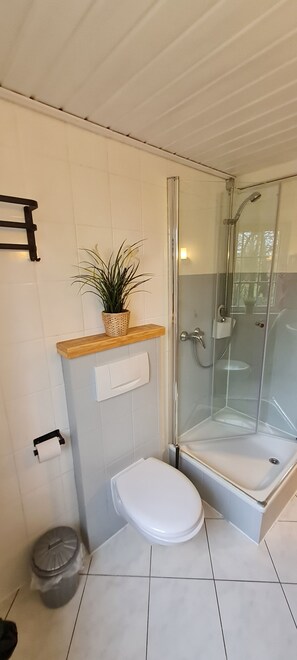 Ein Badezimmer mit Toilette, Dusche, einer kleinen Ablagefläche mit Pflanze und einem Mülleimer.