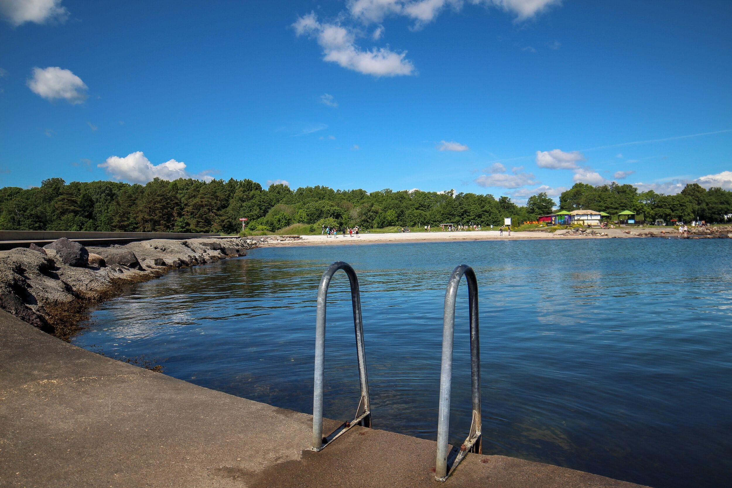 A concrete pier with metal handrails extending into calm water, a sandy beach, and a forested area in the background.