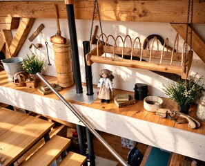 A rustic wooden loft with a small doll, wooden barrels, a metal bucket, and a wooden shelf with various items. - Offene Ferienwohnung, Grosse Panorama-terrasse in Einem Kleinen Ruhigen Bergdorf (Turtmann-Unterems)