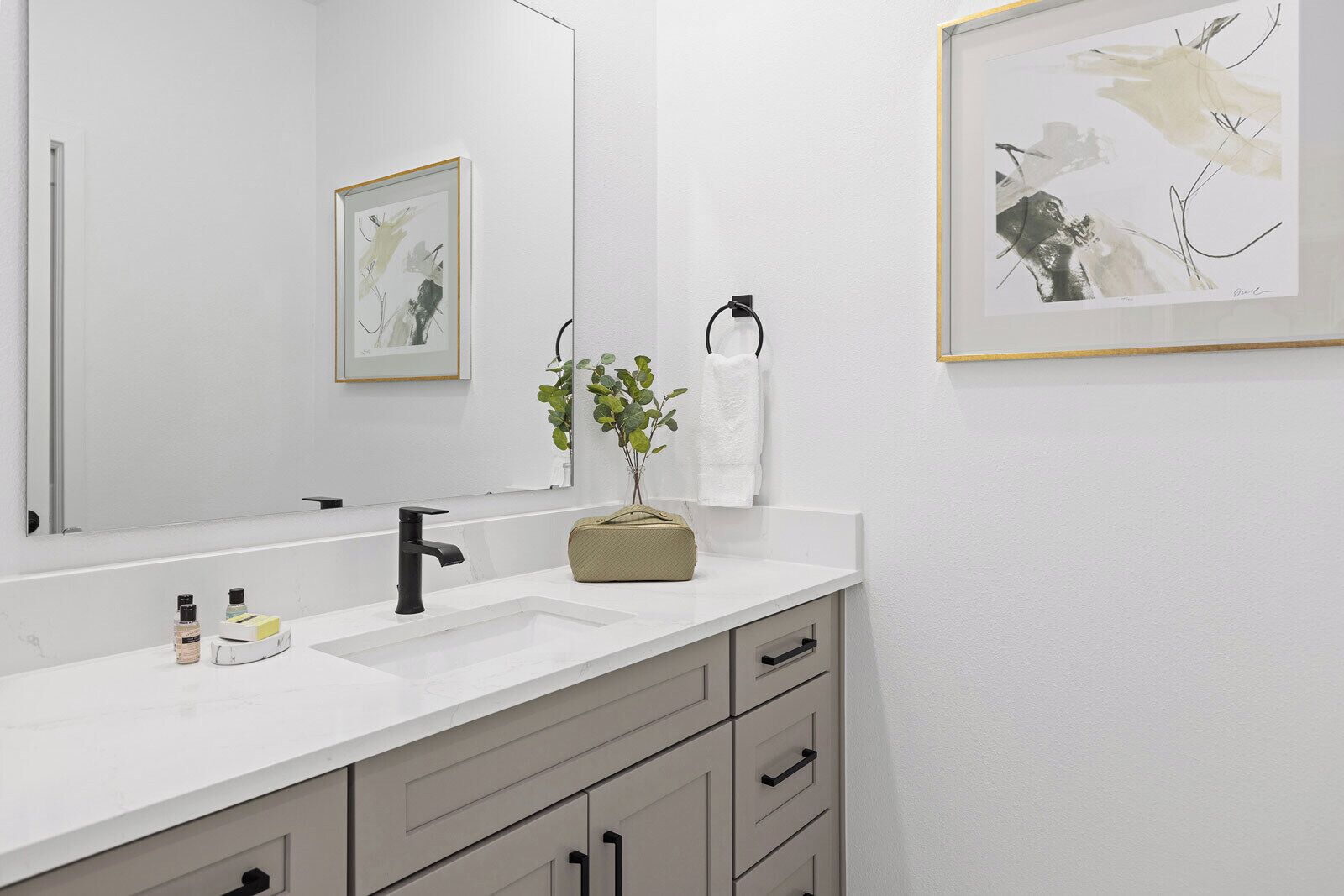 A bathroom with a white vanity, a black faucet, and a mirror. There are two framed artworks on the wall, a towel hanging on a ring, and a small plant on the vanity.