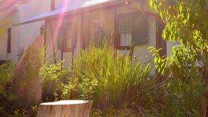 Una casa con un jardín amplio, una terraza de madera y un banco de piedra.