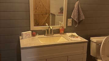 Hair dryer, towels, soap, toilet paper