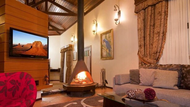 A cozy living room with a fireplace, a television, and a sofa. - pousada ararinha azul (Campos do Jordão)