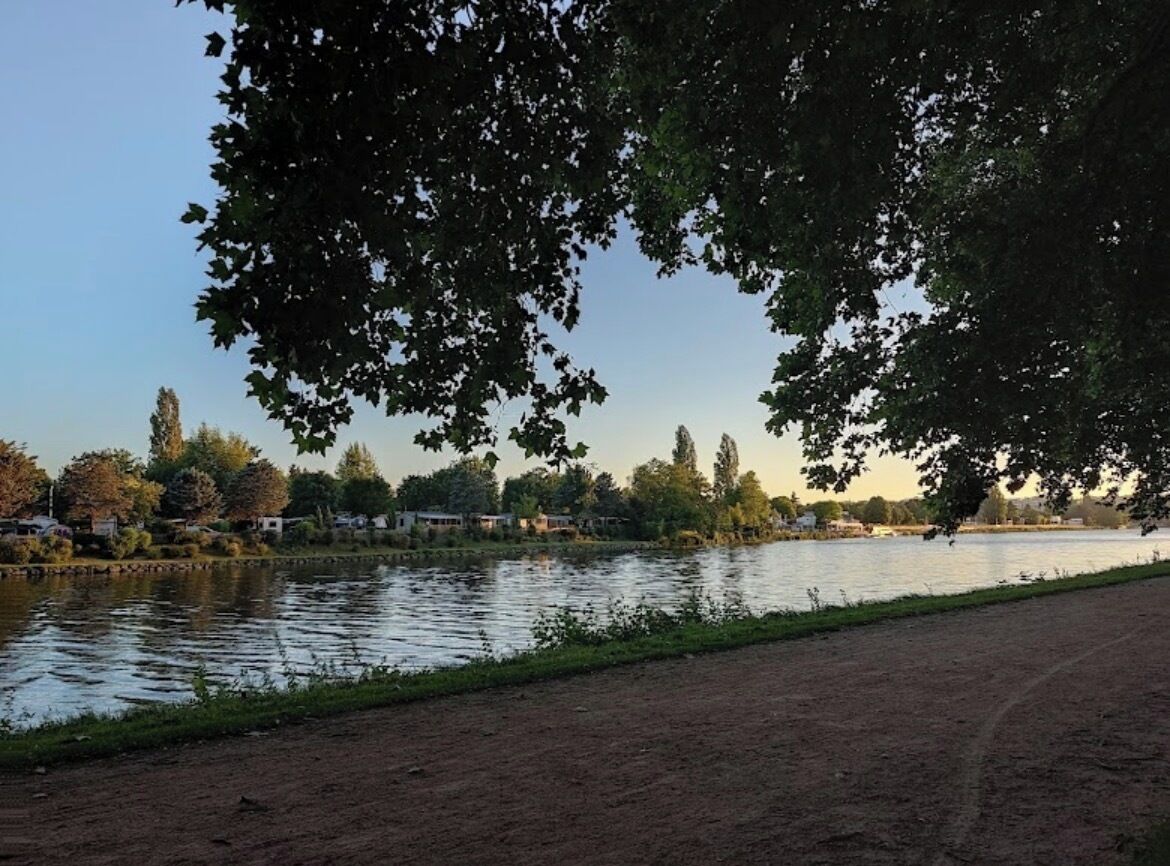 A riverside path with trees, a body of water, and buildings in the background.